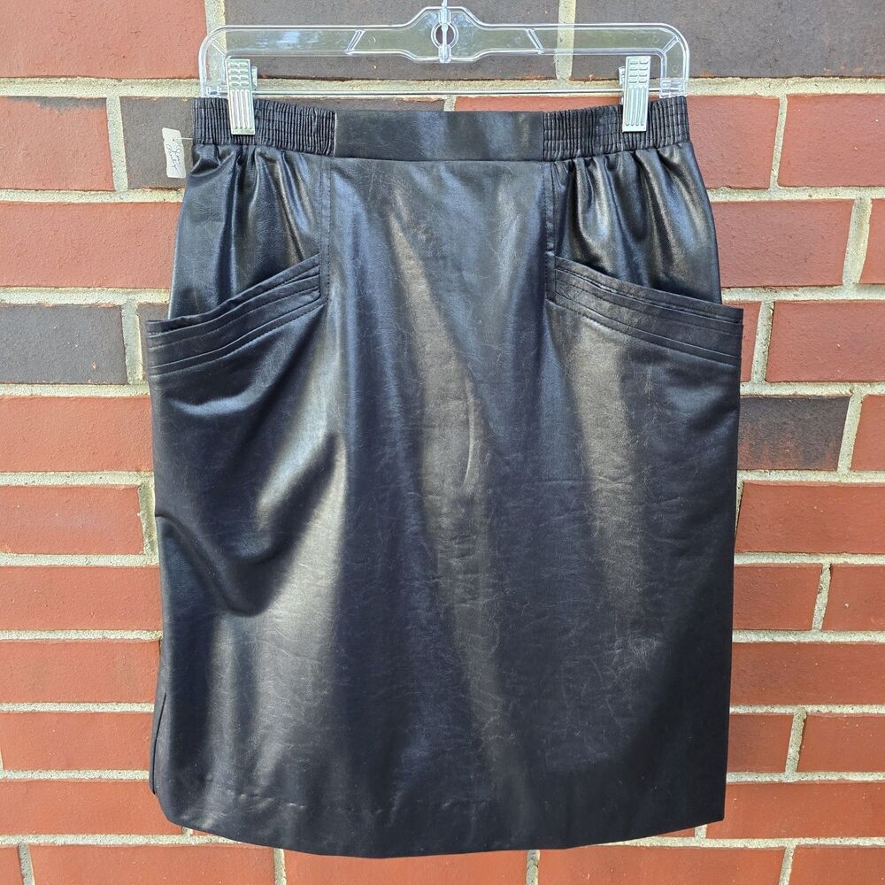 Vintage 70s PaperTag Faux Leather Knee High Skirt With Pockets And Tags USA Made